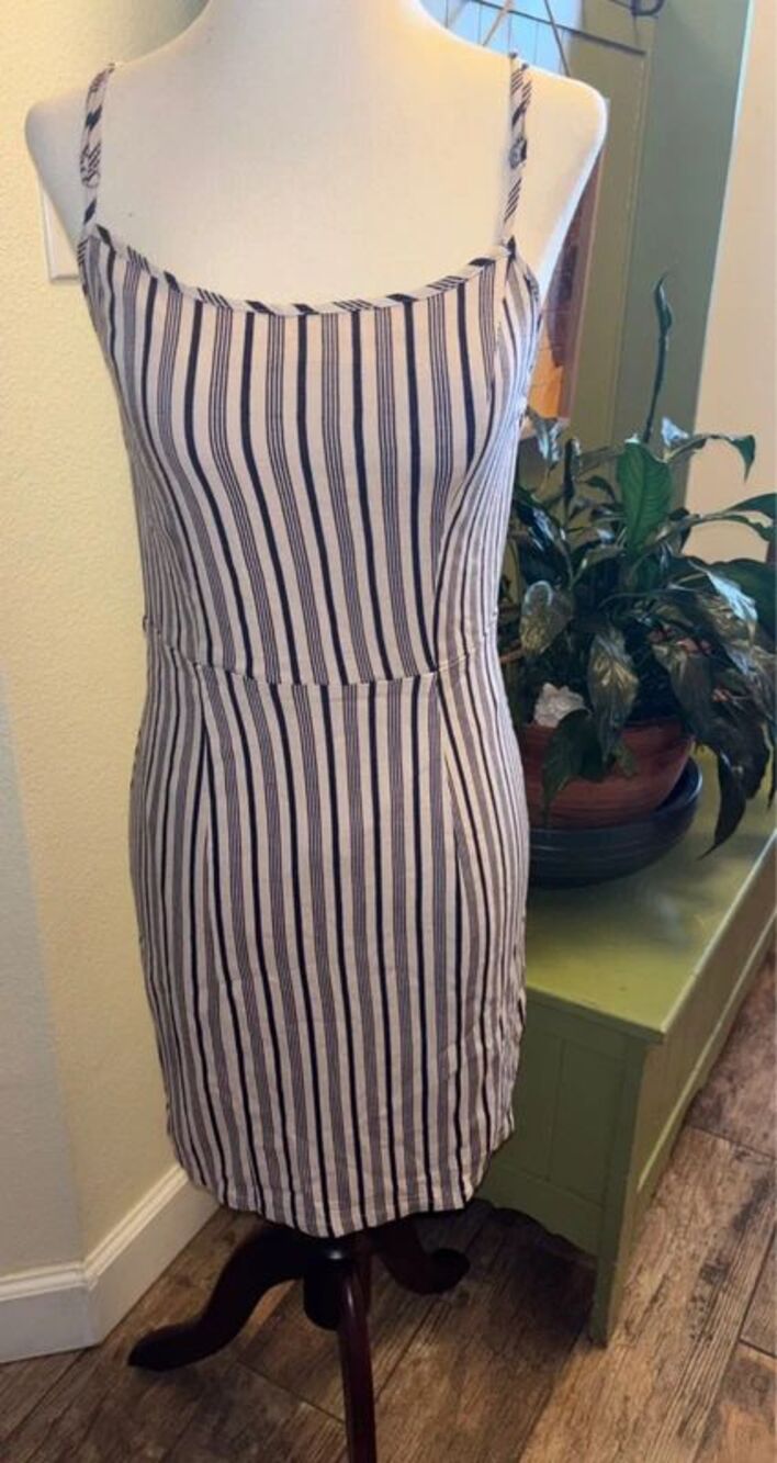 NWT Forever 21 Blue Tan khaki White Pinstripe Dress Small S